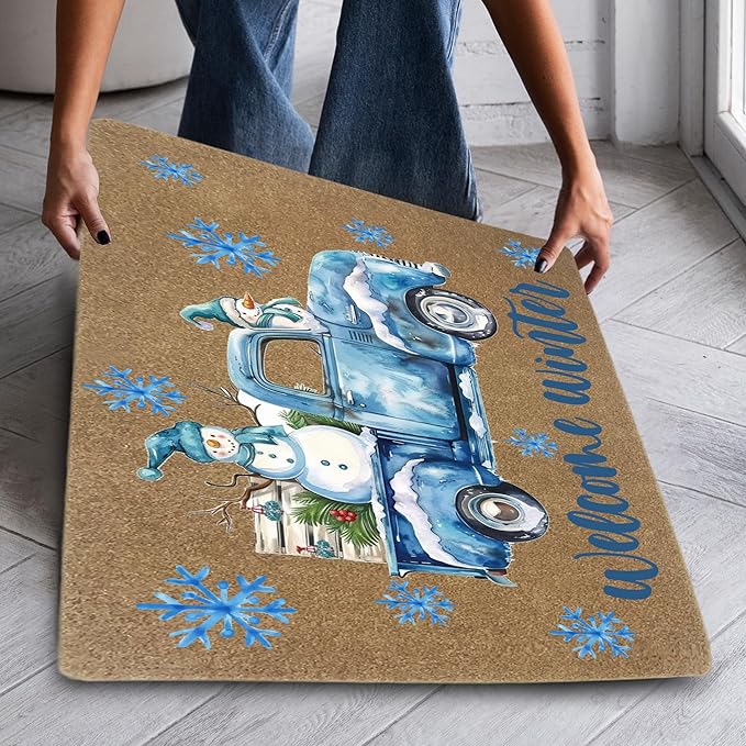 Winter Christmas Faux Coir Door Mats Outdoor, Winter Snowman Snowflake Door Mat for Home Outside Entryway, Blue Truck Christmas Welcome Doormat for Indoor Outdoor Porch Entrance, 17x30 Inch