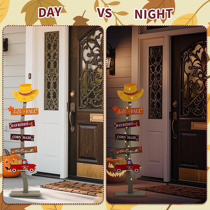 Lighted Wood Hello Fall Porch Sign,Fall Welcome Porch Decor,Autumn Maple Pumpkin Truck Sweater Weather Standing Wooden Signs for Home Front Door Yard Party Decor