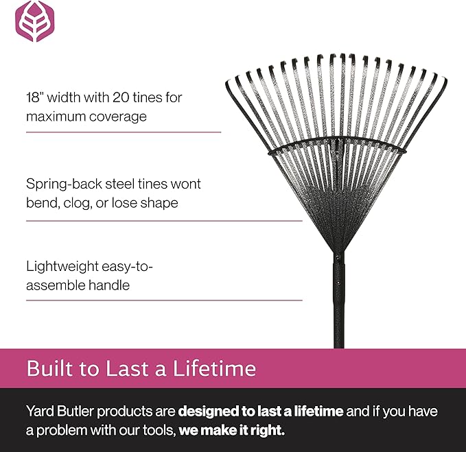 Yard Butler World’s Greatest Leaf Rake | Heavy Duty All Steel Rake with Ergonomic Garden Claw, 20 Free-Floating Tines & Long Metal Handle – Lawn, Yard, Bed, Landscape for Leaves, Grass & Debris, 18"