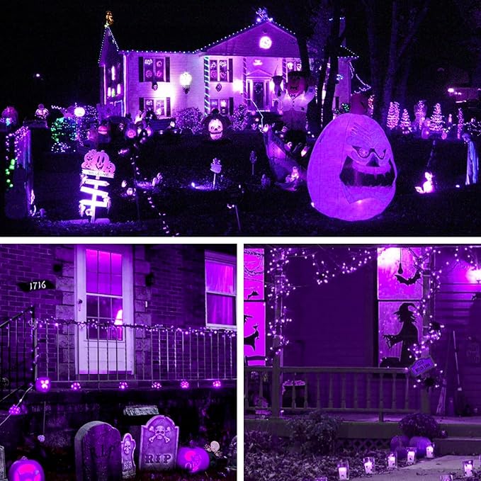 Solar Powered String Lights Outdoor, 2 Pack Total 200 LED 66FT Solar Powered Halloween Decorative Fairy Lights 8 Modes Black Wire for Halloween, Garden, Patio, Party, Yard, Christmas(Purple)