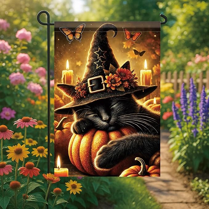 Halloween Fall Garden Flag Black Cat with Witch Hat Pumpkin Flag 12x18 Inch Double-Sided Autumn Candle Butterfly Yard Banner Outdoor Decor for Porch Lawn Pathway Cat Lover Gift