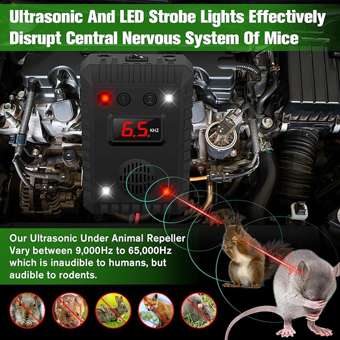Ultrasonic Mouse Repellent for Car Engines, Animal Repeller Device Portable Mouse Blocker with Strobing Light, Under Hood Animal Repeller Rat Squirrel Deterrent for Outdoor Indoor Car Garage Attic
