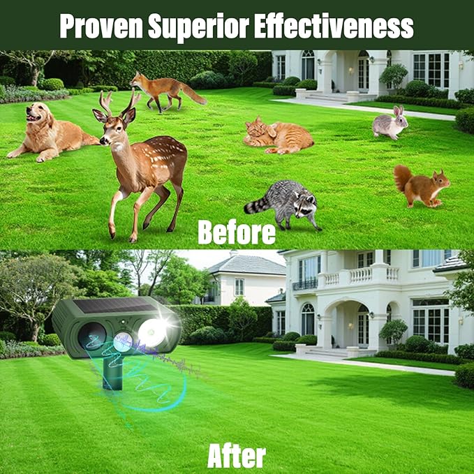 Solar Ultrasonic Animal Repellent, Deer Repellent Devices Waterproof with Motion Detection, Cat Repeller Outdoor Squirrel Skunk Rabbit Raccoon Dog Mouse Deterrents Animal Repeller for Yard, 1 Pack