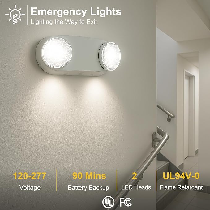 GRUENLICH LED Emergency Light with Battery Backup, 2 Adjustable Bug Eye Heads Lights, US Standard, AC 120-277V, Hardwired Commercial Emergency Exit Light for Business, 2-Pack