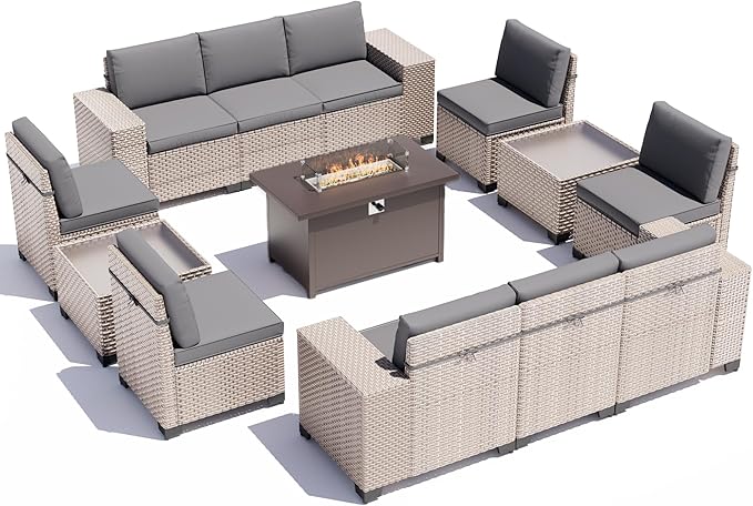 13 Pieces Patio Furniture Set with Metal Fire Pit Table, Outdoor Sectional Wicker Sofa with Thick Cushions and Coffee Table, High Back Rattan Patio Conversation Sets, Grey