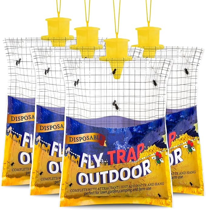 Disposable Fly Traps 4 Pack Big Bags Outdoor, Flies Catcher Traps with Natural Pre-Bait Refill Repellent, Stable Horse Ranch Trapper Outdoor Hanging Fly Killer Helps Control Flies