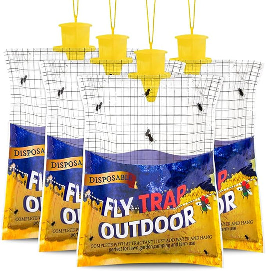 Disposable Fly Traps 4 Pack Big Bags Outdoor, Flies Catcher Traps with Natural Pre-Bait Refill Repellent, Stable Horse Ranch Trapper Outdoor Hanging Fly Killer Helps Control Flies