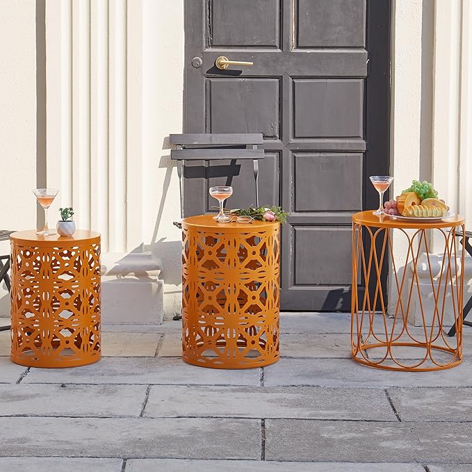 Y&M Metal Round Table, Coffee Table End Patio Table for Indoor Outdoor Multifunctional Use, Heavy Duty Metal Plant Stand Decorative Garden Stool Set of 3 - Orange