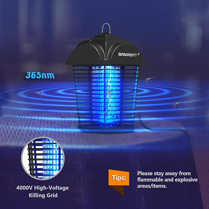 BANPESTT Bug Zapper Outdoor, Mosquito Zapper with Dusk-to-Dawn Light Sensor, Waterproof Fly Zapper, Electric Mosquito Killer for Garden, Patio, Balcony, Courtyard(Black