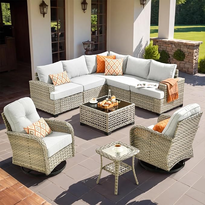 HOOOWOOO Outdoor Sectional Patio Furniture Set,9 Pieces Wicker Conversation Sets L Shaped Couch,Extra Deep Out Door Sofa Outside Furniture with Rocking Chairs,Light Gray