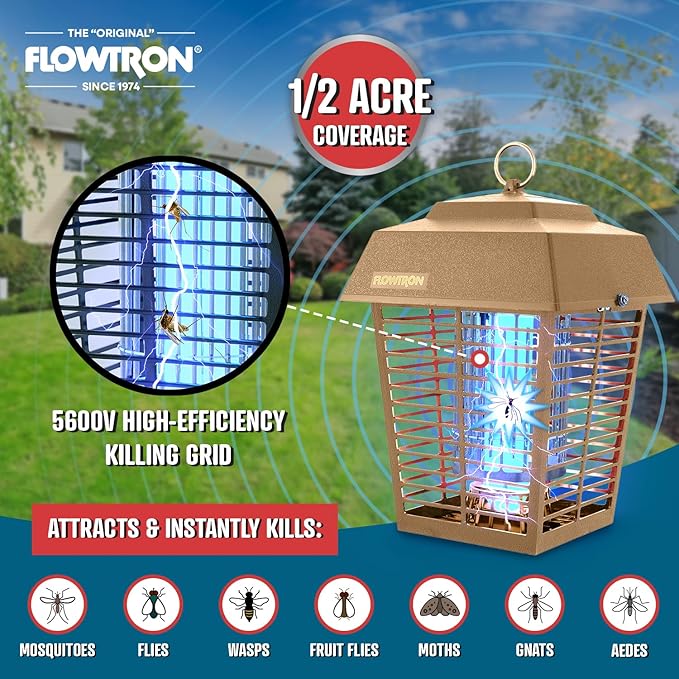 Flowtron Electric Bug Zapper 1/2 Acre Outdoor Insect Control with Dual Lure Method, 15W UV Light & Octenol Attractant for Fly & Mosquito, 5600V Kill Grid, Made in USA, UL Certified - Tan Color