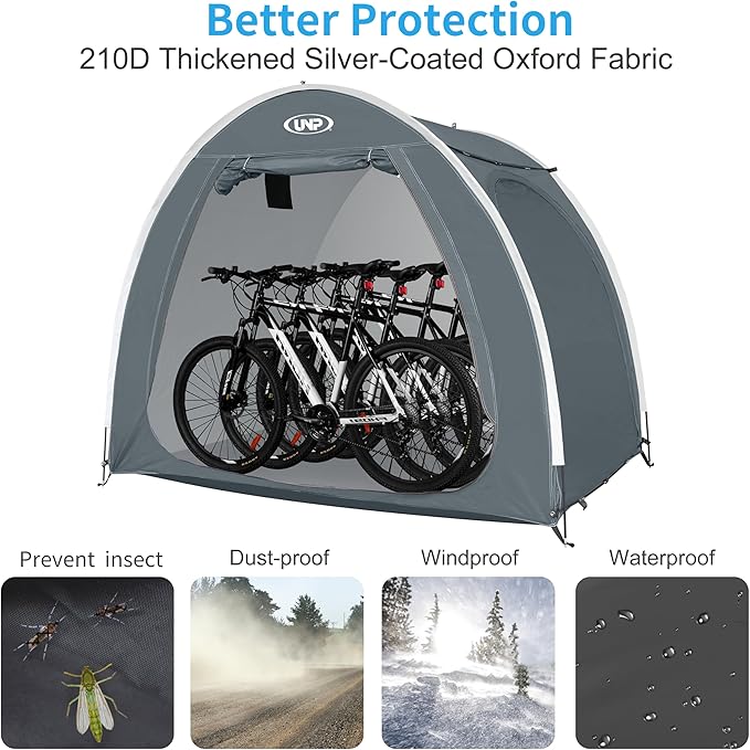 UNP Bike Storage Shed Tent, Portable Outdoor Bike Storage with 210D Oxford Thick PU4000 Waterproof for 1/2/3/4 Bikes, Bike Covers Storage Shed Tent for Bicycles, Lawn Mower, Garden Tools