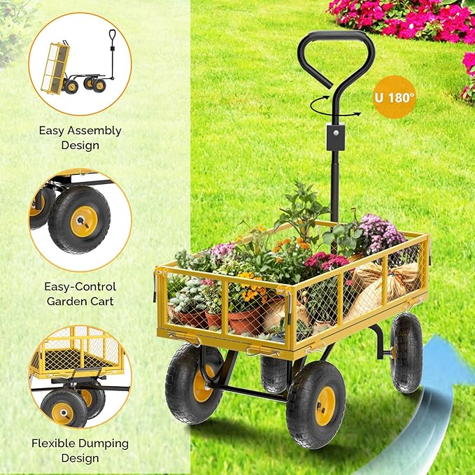 VINGLI Heavy Duty 880 LBS Mesh Steel Garden Cart, Dump Detachable Utility Wheelbarrow, Yard and Garden Wagon Cart with Removable Sides and 10 Inch Wheels(Yellow)
