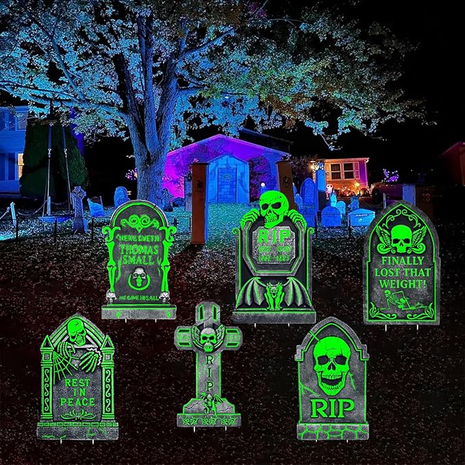 17” Outdoor Halloween Decorations Tombstones Yard Sign, 6 Pack Glow in The Dark Graveyard Decor, Light Up Halloween Tombstones for Yard, Cemetery, Party, Gift, Waterproof and Durable