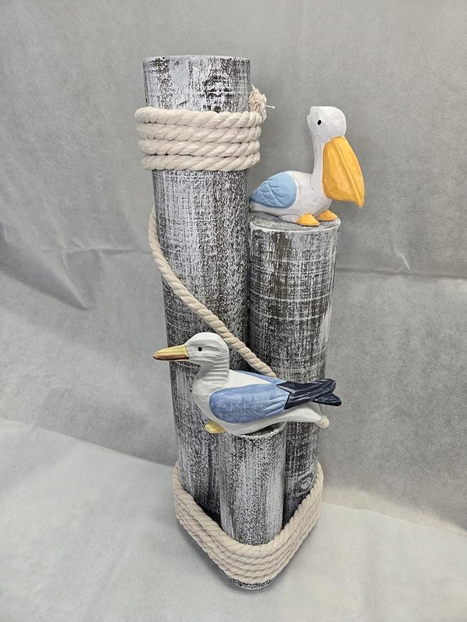 Pelican and Seagull Statue on Wood Pilings – Coastal Garden Decor, Nautical Bird Sculpture for Porch, Pool, Patio or Beach House - Marine Bird Sculpture Nautical Decor