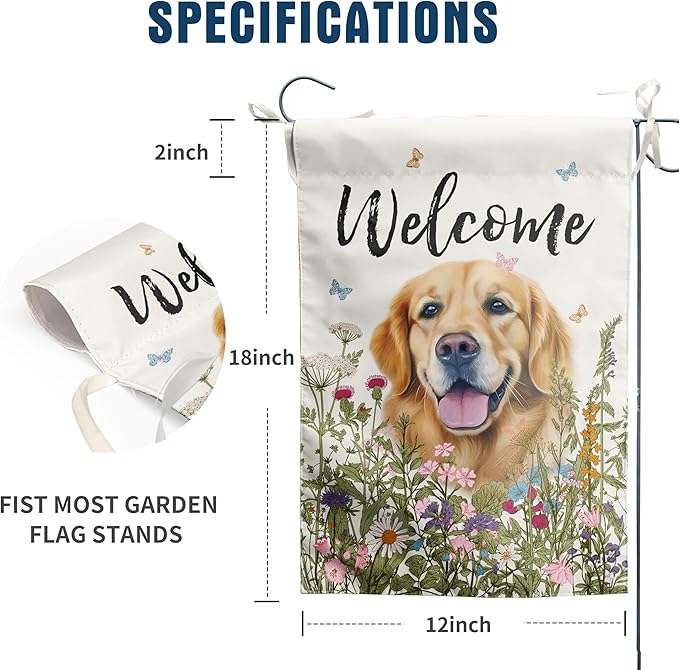 Spring Summer Garden Flag Floral Golden Retriever Yard Flag Flower Dog Garden Flags for Outside Small Outdoor Welcome Flags 12x18 Double Sided