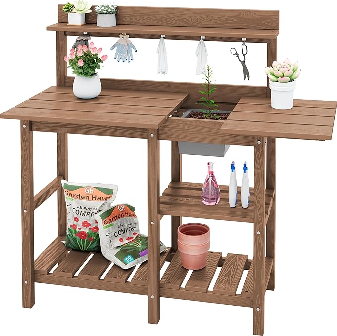 SERWALL Potting Bench Outdoor Potting Table with Sink, HDPE Teak Potting Benches for Outside Gardening Table All Weather Use- Brown