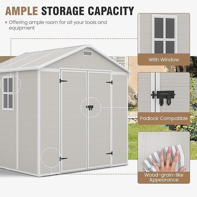 Outdoor Storage Shed, 8x6 FT Resin Shed with Floor and Vents, Window & Lockable Door, Tool Sheds & Outdoor Storage for Bike, Tools, Garden Accessories, Waterproof (Sandstone)