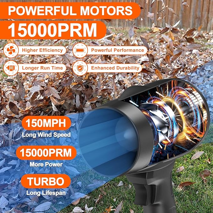 Leaf Blower Cordless with Battery, Portable Handheld blowers, Press to Variable Speed, 15000RPM 150MPH, 18V*2 Pcs Battery Powered, Snow Blowing, Lawn Care, Patio, Blowing Leaves