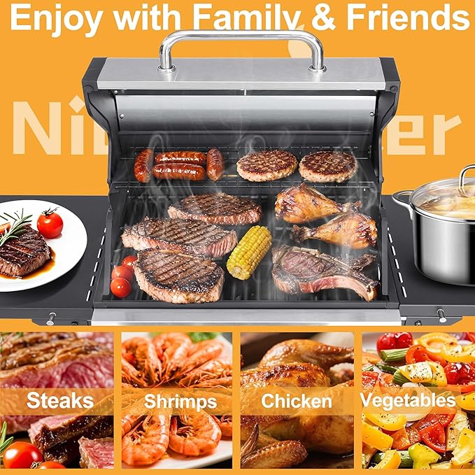 3-Burner Propane Gas Grill with 2 Foldable Side Tables, 30,000 BTU Outdoor BBQ Stainless Steel Grill with Porcelain-Enameled Cast Iron Grates and Thermometer, Easy Assembly for Patio, Backyard BBQ