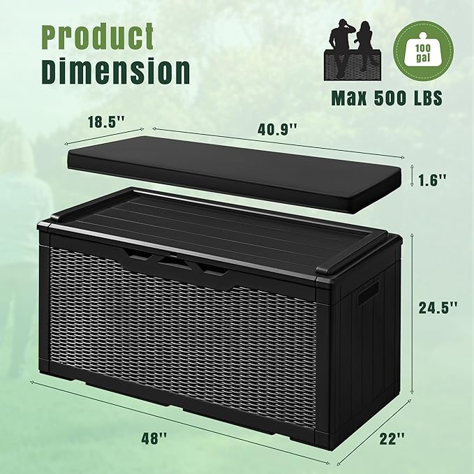 Greesum 100 Gallon Resin Deck Box Large Outdoor Storage with Cushions for Patio Furniture, Garden Tools, Pool Supplies, Weatherproof and UV Resistant, Lockable, Black