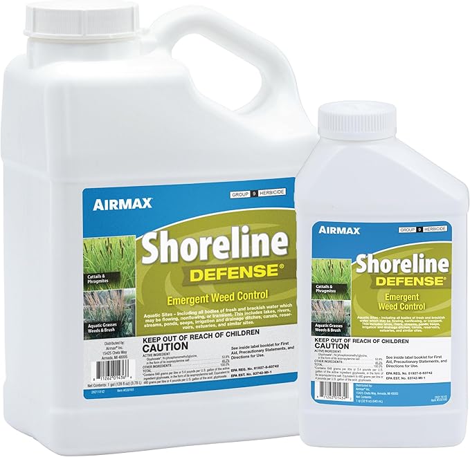 Airmax Shoreline Defense Emergent Weed Control Concentrated Treatment, Aquatic Herbicide (Glyphosate) for Phragmites, Pond Grass & Cattails, 1 Quart