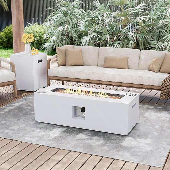 UPHA 42-inch Outdoor Propane Gas Fire Pit Table 50000 BTU Iron Rectangle Firepit for Outside Patio with Tank Hidden Table, Removable Lid, Gold Glass Rocks, Rain Cover,White