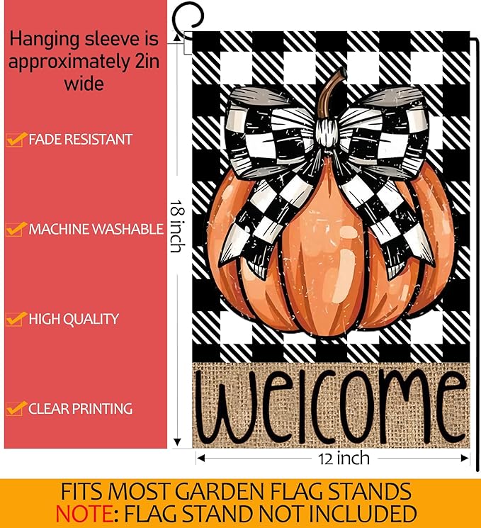 Fall Pumpkin Garden Flags 12x18 Vertical Double Sided, Welcome Fall Yard Flag for Outside, Autumn Thanksgiving Holiday Outdoor Seasonal Decorations for Home