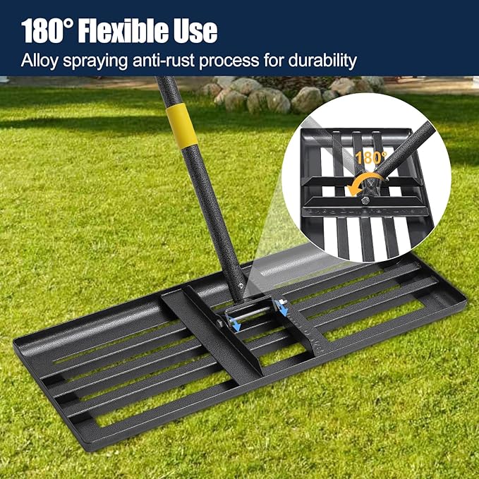 Professional Lawn Leveling Rake 30x10in - Heavy Duty Leveling Tool with 72in Adjustable Stainless Steel Handle | Golf Field Sand Spreader, Football Pitch Grass Leveler | Rustproof Turf Grading Rake
