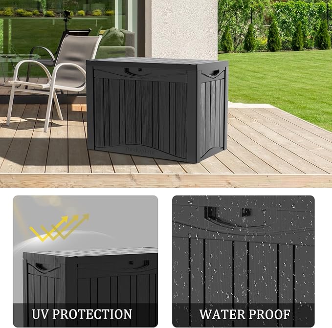 50GAL Black Deck Box with Unique Pattern and Lock Hole - Waterproof, Durable Resin Construction, SGS Sun Protection, Ideal for Storing Outdoor Furniture Covers, Effortless Assembly