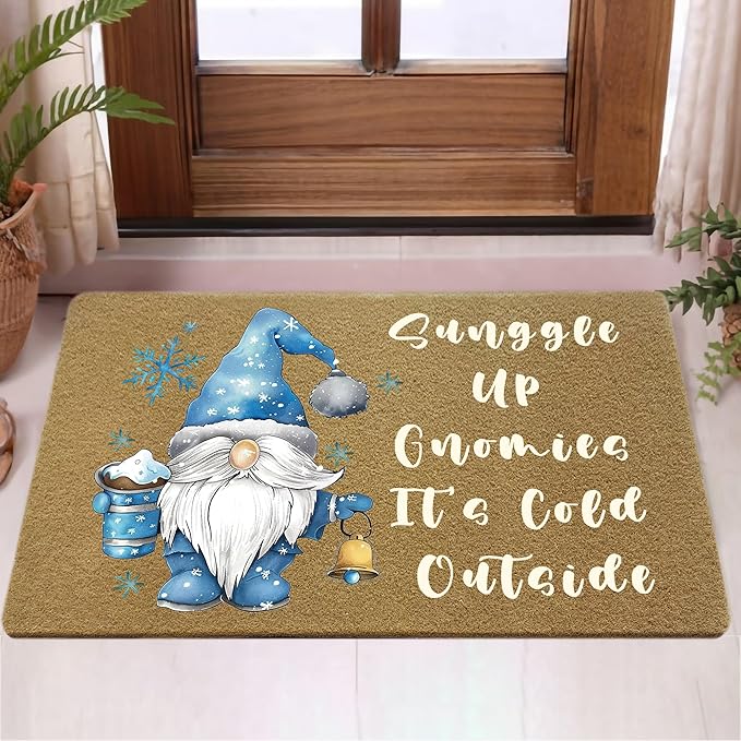 Blue Winter Gnome Faux Coir Door Mats Outdoor, Christmas Gnome Door Mat for Home Outside Entryway, Holiday Winter Christmas Welcome Doormat for Indoor Outdoor Porch Entrance, 17x30 Inch