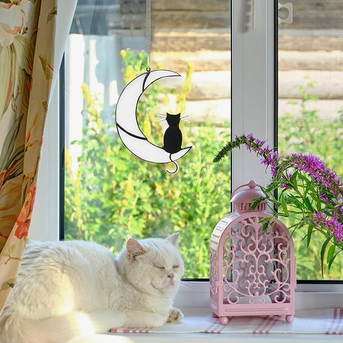 Black Cat Decor on White Moon Acrylic Sun Catcher Stained Window Hanging Ornament Halloween Decorations Cat Suncatcher for Women Pet Memorial Gifts Lovers Loss Sympathy Gifts Home Garden Panels