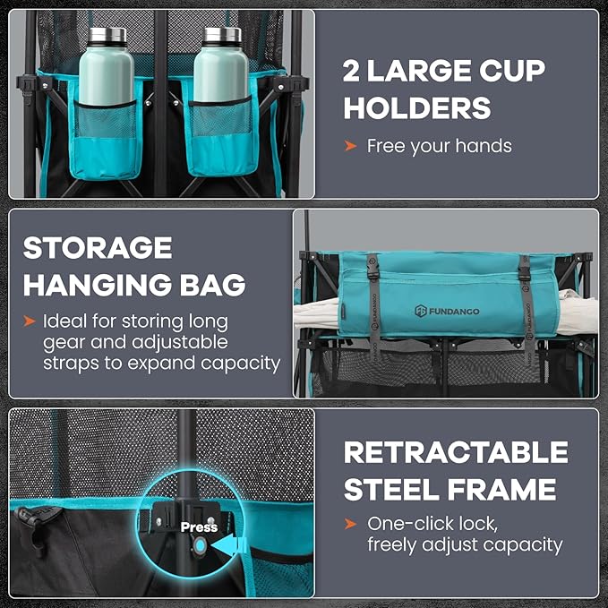 FUNDANGO Double Decker Wagon – 660L Extra High Extender Collapsible Wagons Carts Foldable Heavy Duty with Tailgate, Brakes & All-Terrain Big Wheels for Sports, Camping, Grocery Shopping, Blue