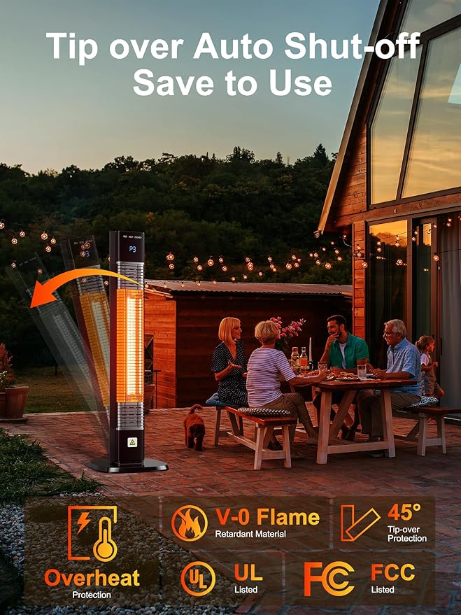 29'' Outdoor Patio Heater with Remote, 24H Timer & 1S Fast Heat, Carbon Fiber Heating Tube, 3 Heat Levels, Tip-Over and Overheat Protection, Electric Space Heaters for Backyard, Garage