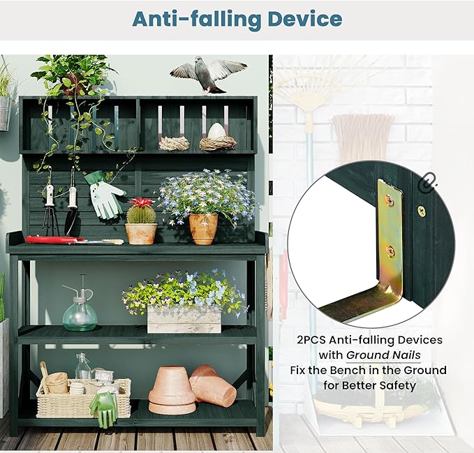 Merax 65" Large Wooden Farmhouse Rustic Outdoor Potting Bench Table with 4 Storage Shelves and Side Hook, Patio Workstation, for Garden, Backyard, Forest Green