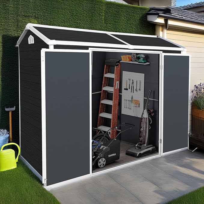 8x4ft Resin Outdoor Storage Shed with Floor and 2 Windows, Plastic Sheds & Outdoor Storage Clearance for Patio Furniture,GardenTools, Bike Accessories and Lawn Mower