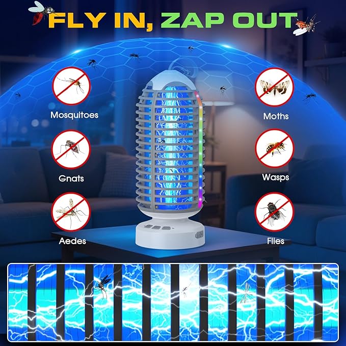 Bug Zapper Outdoor Indoor, 2 Pack Cordless Mosquito Zapper with LED Lights and Marquee Lights, Rechargeable Fly Zapper Outdoor Waterproof for Camping, Patio, Backyard, Garden, Home