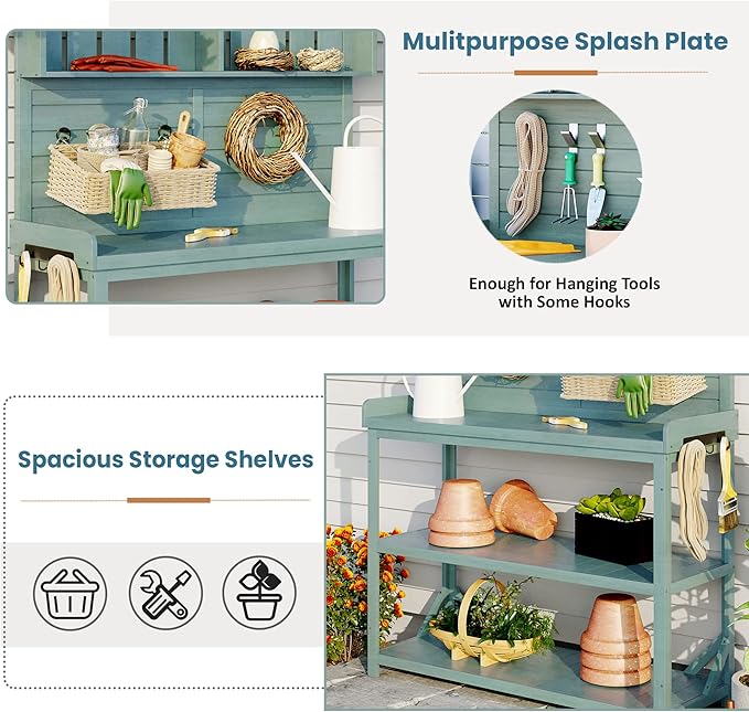 Large Wooden Farmhouse Rustic Outdoor Potting Bench Table, Patio Workstation, Garden Potting Bench with 4 Storage Shelves and Side Hook Lower Storage Shelf for Patio, Deck, Porch (Green, 65inch)