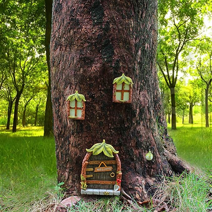 Fairy Door and Windows Garden Kit Accessories Outdoor, Glow in Dark Gnome House for Tree, Lawn Yard Art Sculpture, Miniature Garden Decor (Leaf)