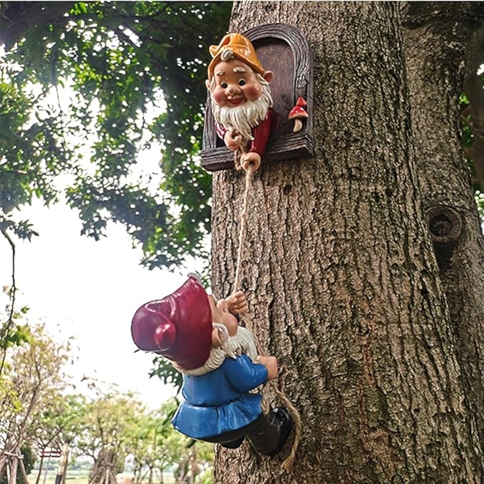 Gnome Garden Decor Climbing Tree Decoration Outdoor,Fariy Door Tree Face Figurine Lawn Patio Statue,Funny Climbing Elves Peeker Sculpture Yard Art