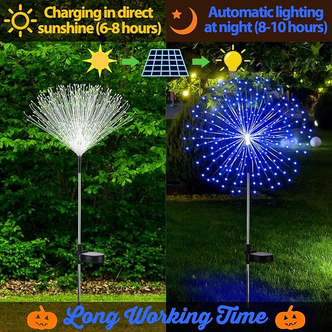 4 Pcs Halloween Solar Lights Outdoor Christmas Firework Light 180 LEDs 8 Modes Waterproof Sparkler Yard Decoration Stake Landscape Decorative for Garden Driveway Walkway Pathway Lawn (Blue)