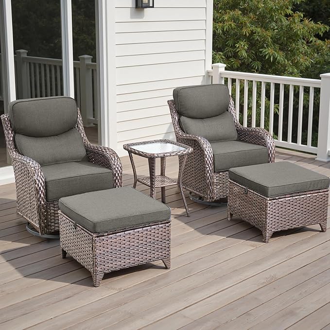 Wicker Outdoor Patio Furniture Set - 5 Piece Patio Conversation Sets with Swivel Rocker Chairs, Ottomans and Side Table, 6 inch Cushions, Waterproof Wicker, for Porch Deck Brown/Grey