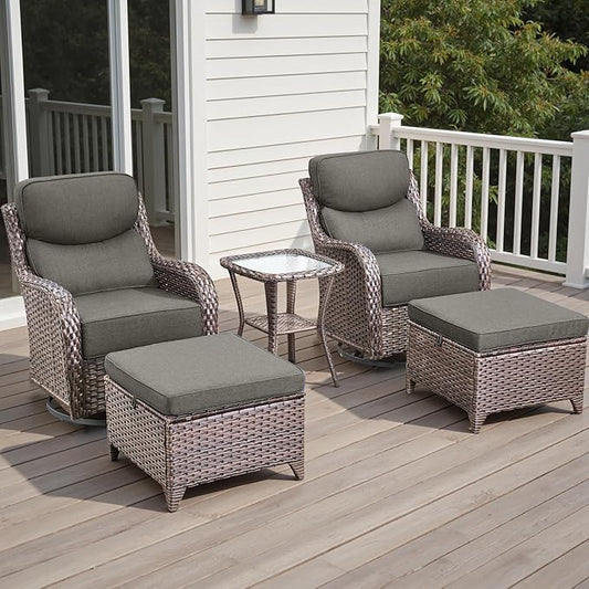 Wicker Outdoor Patio Furniture Set - 5 Piece Patio Conversation Sets with Swivel Rocker Chairs, Ottomans and Side Table, 6 inch Cushions, Waterproof Wicker, for Porch Deck Brown/Grey