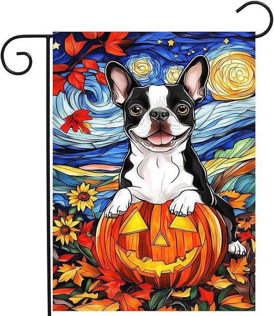 Stained Glass Boston Terrier Fall Garden Flag Halloween Pumpkin Yard Signs Autumn Sunflower Thanksgiving Banner for Outside 12x18 Double Sided Small Dog Outdoor Decorative
