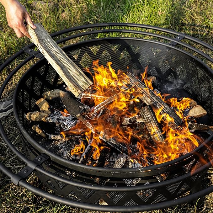 42 Inch Wood Burning Fire Pit with 2 Loops, Outdoor Fire Pit with Spark Screen & Fire Poker, Cross Weave Firepit for Outside Fireplace Bonfire for Yard,Patio, Garden