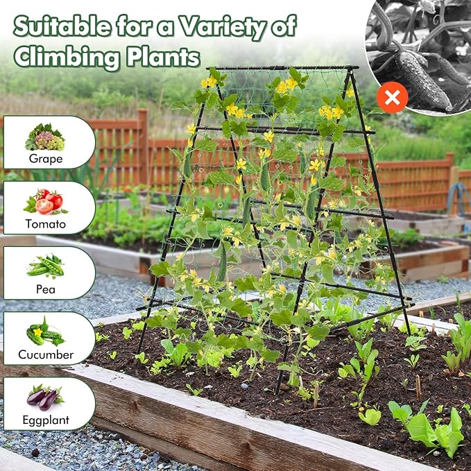 Garden Trellis for Climbing Plants Outdoor, A Frame Plant Trellis with Climbing Net, Coated Metal Poles, Twisted & Clips, Grape Trellis Plant Support for Vines, Vegetables, Fruit & Flower