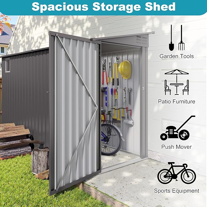 4x9 FT Outdoor Metal Storage Shed, Metal Lean to Storage Shed with Lockable Single Side Hinge Door and Ventilation Window, Garden Shed for Backyard Garden Patio Lawn, Dark Gray