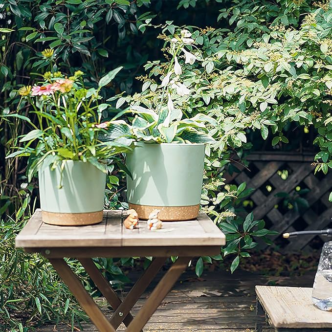 kubvici Indoor Plant Pots Set of 2 Planters 8 inch Plastic Planter with Hole & Saucer Modern Decorative for Outdoor Garden Home (Green, 8 inch)