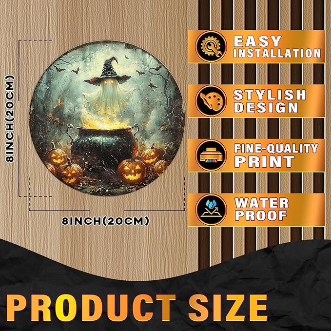 PEACHGARDEN Round Halloween Spooky Ghost With Witch Hat Wreath Vintage Sign Halloween Pumpkin Metal Tin Sign for Home Bar Kitchen Hotel Dining Room Coffee 8x8inch