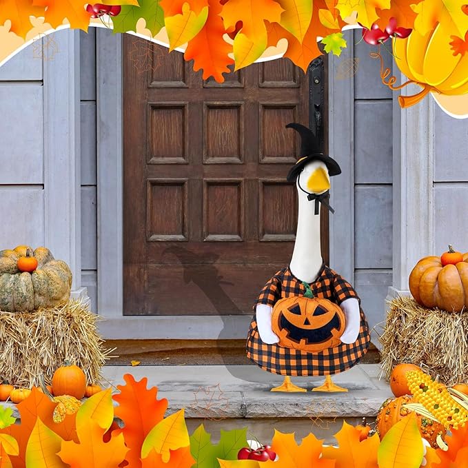 Sanwuta 1 Set Halloween Porch Goose Outfit Pumpkin Pillow Design with Hat for 23" Lawn Cement Goose Porch Geese Clothes Costume for Halloween Garden Patio Yard Outdoor Decorations